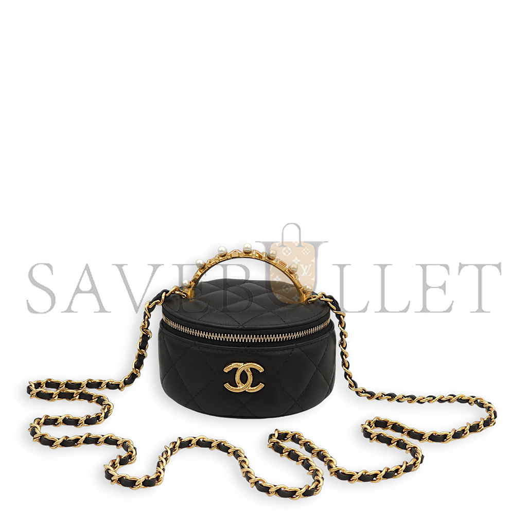 CHANEL MASTER ROUND VANITY LOGOPEARL BLACK TOP HANDLE BAG IN LAMBSKIN, GOLD HARDWARE (11*9*6cm)